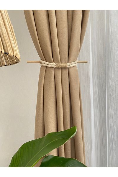 BARBAROSSA HOME Natural Cotton Rope Background Curtain Tie-Up Apparatus - Jute Detailed with Wooden Rod - 1 Pc