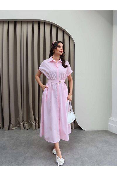 Julidress Rochie cămașă cu curea cu nasturi de culoare roz deschis