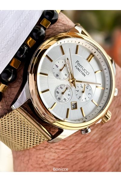 Ferrucci Functions Active White Dial, Yellow Steel Band,Guaranteed, Men's Wristwatch Bracelet with Calendar