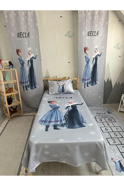EVSEHOMES Elsa Anna Gray Set (Fund Curtain 70X260 Two Wings - Bed Cover and Pillow - Chair Size Choose)