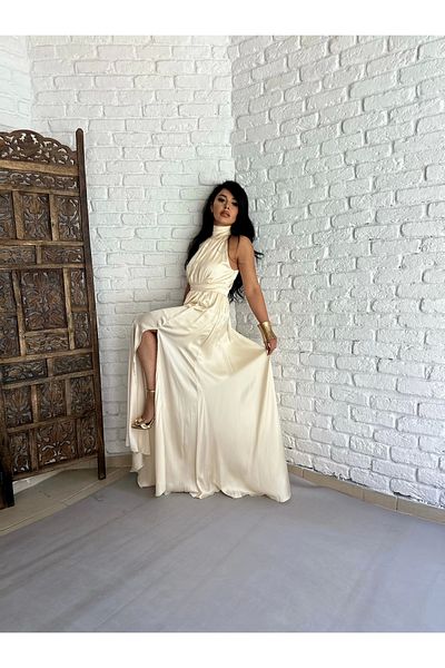 moneta boutique Γυναικείο μακρύ σατέν φόρεμα με γιακά Halter