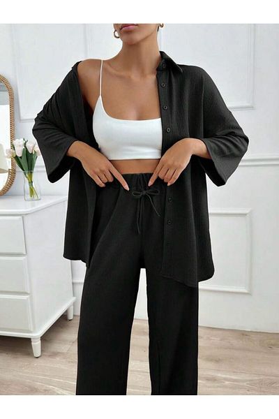 New Lune Women's Clothing Wrinkled Fabric Shirt Pants Set, Two Piece Set, Suitable for Hijab