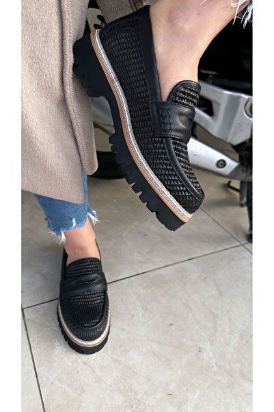 Mammamia 3660 Örgü Hasır Desenli Hakiki Deri Ortopedik Loafer Ayakkabı