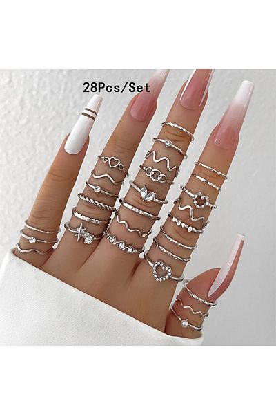 Choice 141 28Pcs Fashion Geometric Knuckle Rings Set For Women Crystal Heart Gold Silver Color Rings Girls