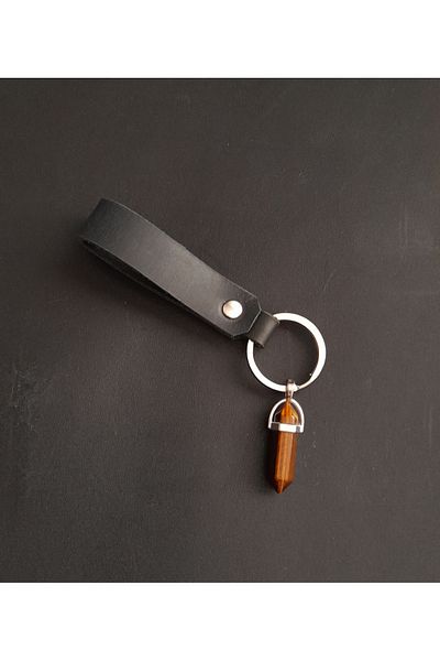 BSN Store Black Genuine Leather Keyring with Natural Tiger Stone