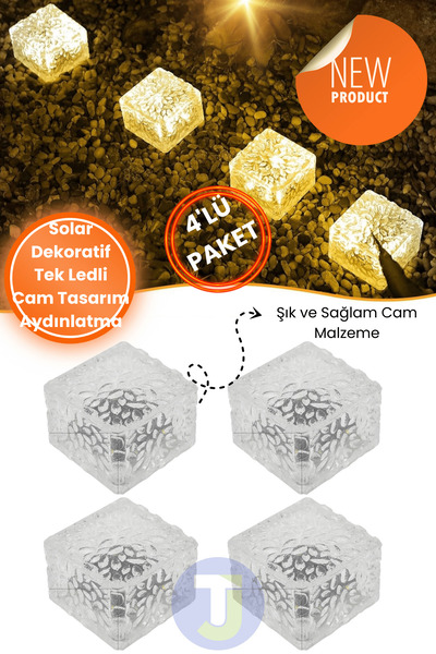 Technojet Solar Zemin Dekoratif Bahçe Aydınlatma Güneş Enerjili Kristal Led Sarı Işık Led 4Adet