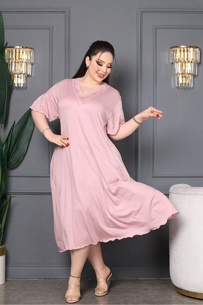 şuranur Bamboo V-Neck Lace Detail Flared Dress Large Size 6XL