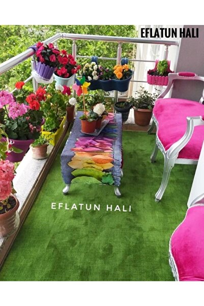 EFİLTİ Balkon Teras Halısı Çim Görünümlü Yeşil Halı Kaymaz Tabanlı Makinede Y...