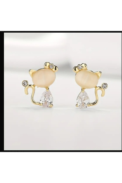 ORGANICYOU RHINESTONE Beyaz zirkonya taşlı sevimli kedi küpe çifti