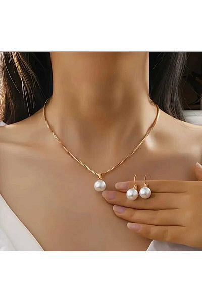 beynaaksesuar Gold Plated Pearl Necklace Earring Set Gift Set Gift for Lover Gift for Mother