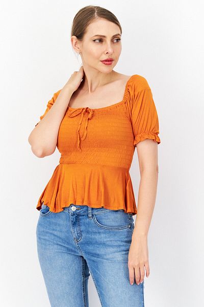 Guess Women Square Neck Short Sleeves Rize Smocked Top, Gold Flake