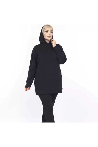 BİrHoşButik Plus Size Full Lycra Hooded Sweatshirt with Collar and Pockets, Long Sleeves, Trendy, Seasonal.