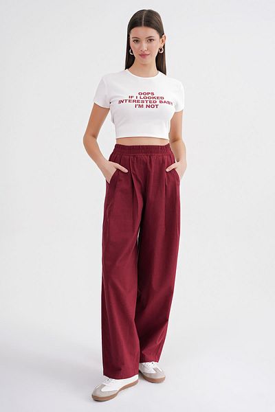 Mixray 4682 Women's Elastic Waist Jogger Linen Trousers Claret Red
