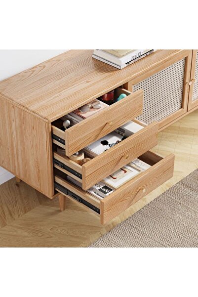 WoodenDecoration01 Ahşap Rattan Kapak Detaylı Modern Tv Ünitesi