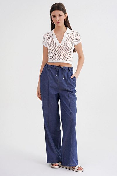 Mixray 4679 Women's Elastic Waist Tied Denim Trousers Indigo