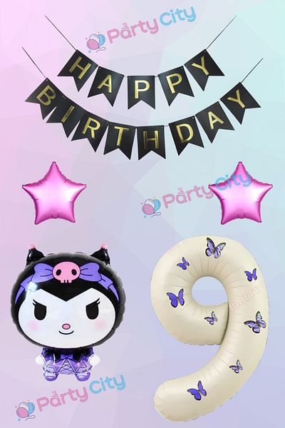 Party City 9 Year Old Kuromi Themed Starry Birthday Celebration Set - Butterfly Cream Colored Number Foil Balloon