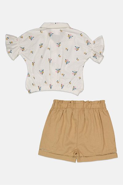 Willow & Whistle Kids Girl 2 Pieces Floral Print Top And Short Set, White/tan