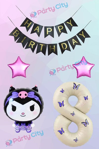 Party City 8 Year Old Kuromi Themed Starry Birthday Celebration Set - Butterfly Cream Colored Number Foil Balloon