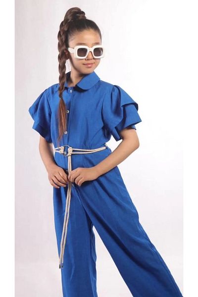 İrem Çocuk Giyim Girl's Belt Accessory Button Closure Jumpsuit