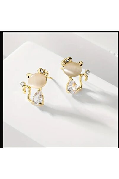 ORGANICYOU RHINESTONE Beyaz zirkonya taşlı sevimli kedi küpe çifti