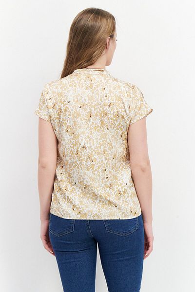 TAIFUN Women Spread Neck Short Sleeve Allover Print Top, Beige Combo