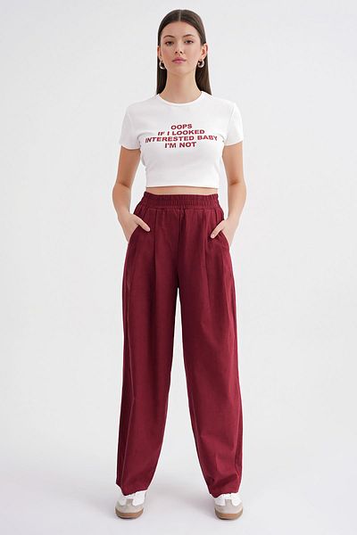 Mixray 4682 Women's Elastic Waist Jogger Linen Trousers Claret Red