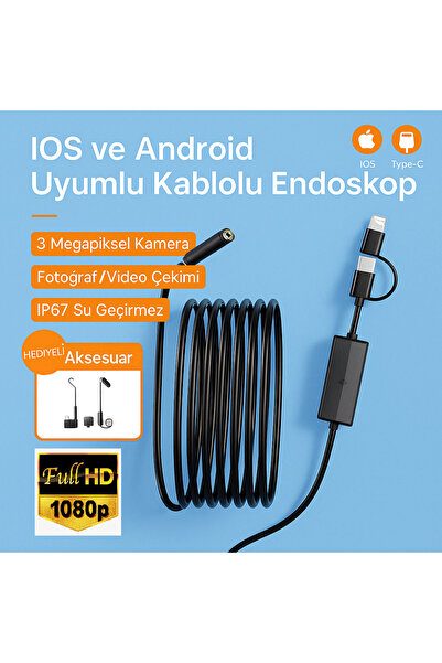 FLAGEN İOS iPhone iPad Uyumlu Endoskop Yılan Kamera 10 Metre (Sert Kablo) 7mm