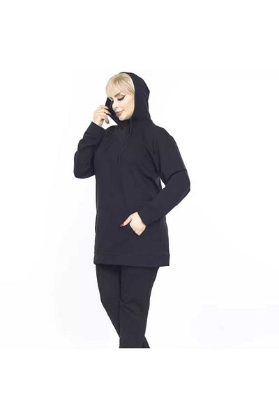 BİrHoşButik Plus Size Full Lycra Hooded Sweatshirt with Collar and Pockets, Long Sleeves, Trendy, Seasonal.
