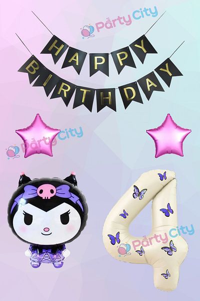 Party City 4 Year Old Kuromi Themed Starry Birthday Celebration Set - Butterfly Cream Colored Number Foil Balloon