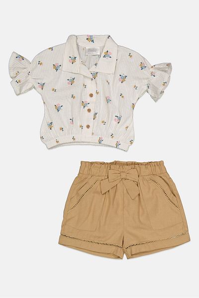 Willow & Whistle Kids Girl 2 Pieces Floral Print Top And Short Set, White/tan