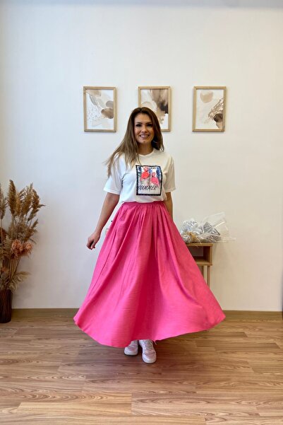 Aychayla Pembe Keten Kloş Uzun Etek