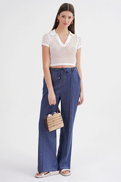 Mixray 4679 Women's Elastic Waist Tied Denim Trousers Indigo