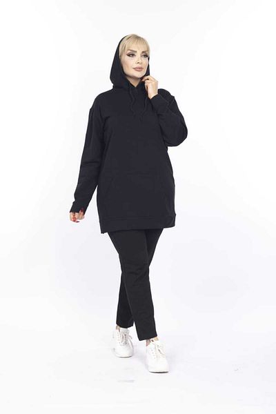 BİrHoşButik Plus Size Full Lycra Hooded Sweatshirt with Collar and Pockets, Long Sleeves, Trendy, Seasonal.