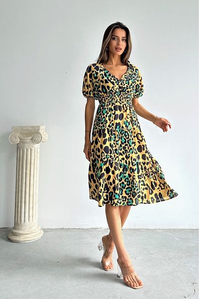 Betimoda Κοντό μανίκι ελαστική μέση Leopard Beige Midi φόρεμα