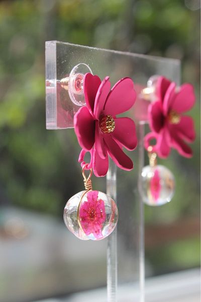 nevamor Pink Flower Round Epoxy Detailed Earrings
