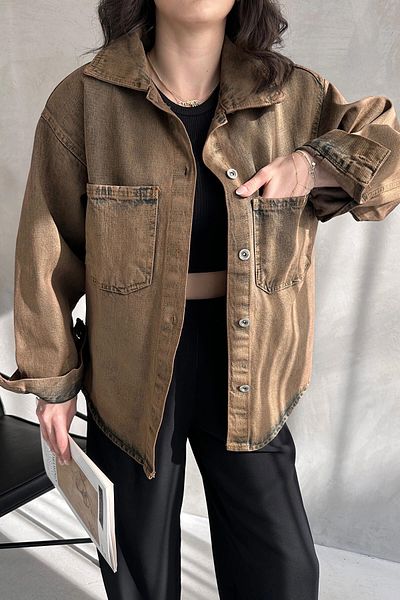 bacc Women's Copper Double Pocket Washed Denim Shirt Jacket Bcdf- 235403