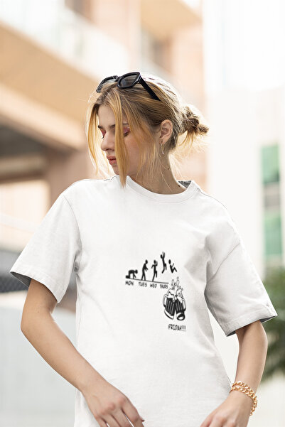 MG تي شيرت نسائي مطبوع عليه FRIDAY BEER برقبة دائرية من القطن مقاس كبير وأكما...