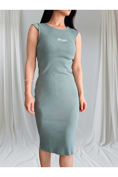 Butik Merrline Γυναικείο Πράσινο Στριφτό Ελαστικό Καμισόλα Ποδηλατικό Φόρεμα με μηδενικό μανίκι με σχισμή