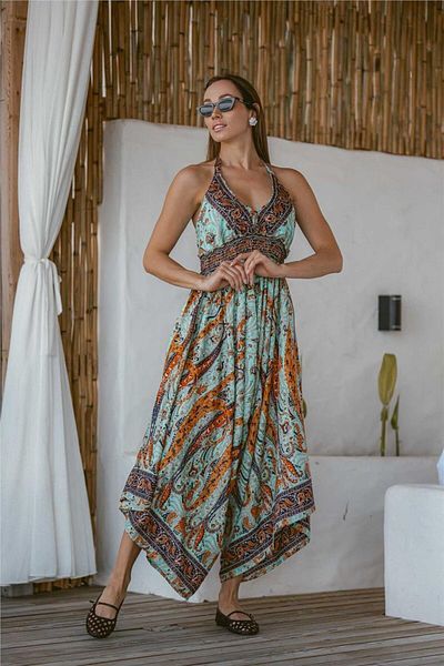 Miss Boheme Turquoise Color Halter Neck Backless Silk Jumpsuit