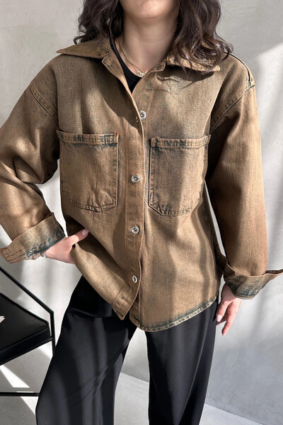 bacc Women's Copper Double Pocket Washed Denim Shirt Jacket Bcdf- 235403