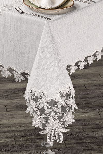 Annalisa Flowers 26 Piece Linen French Lace Luxury Tablecloth Set with 12 Napkins Boxed
