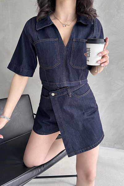 bacc Navy Blue V-Neck Women's Jean Blouse and Shorts Eset Set (Bcdf- 253606 )
