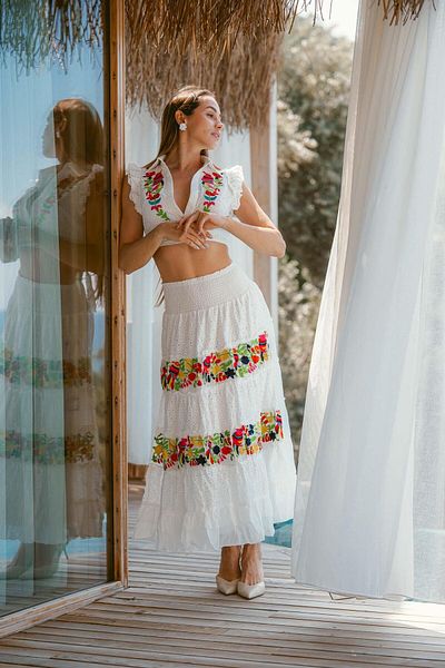 Miss Boheme White Embroidered Skirt Blouse Set with Embroidery Detail