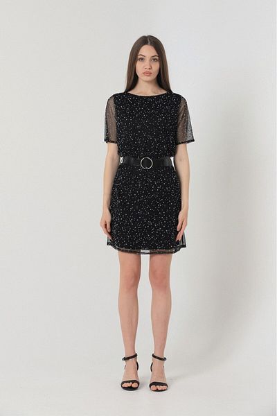 Betimoda Polka Dot Short Sleeve Belt Lined Above Knee Dress Black