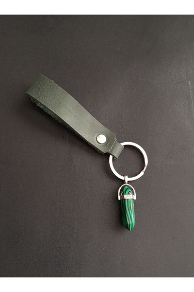 BSN Store Khaki Green Genuine Leather Keyring with Natural Malachite Stone