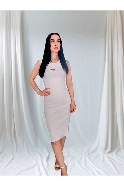 Butik Merrline Γυναικείο λευκό ριγέ ελαστικό ύφασμα καμισόλ με λαιμόκοψη μηδενικό μανίκι με σχισμή casual φόρεμα