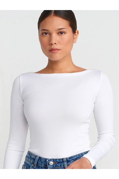 Bukamiss Women's White Boat Neck Long Sleeve Blouse