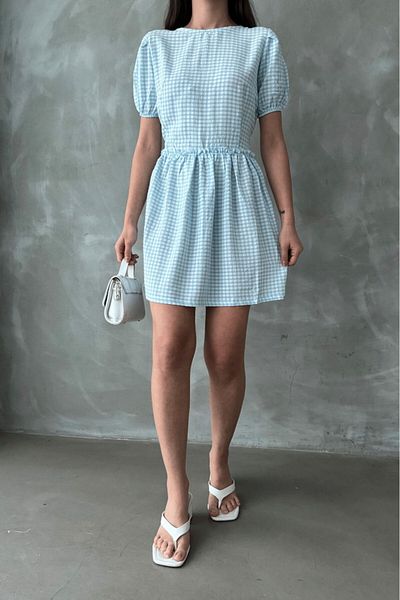 Betimoda Rochie mini albastră - Mânecă scurtă Vichy Isle of Soil Colecția de îmbrăcăminte turcească