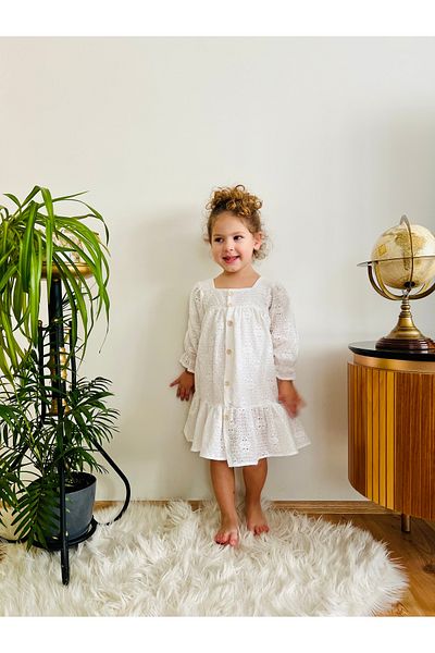 penu baby kids Ecru Scallop Front Buttoned Cotton Lined Long Sleeve Baby Girl Dress