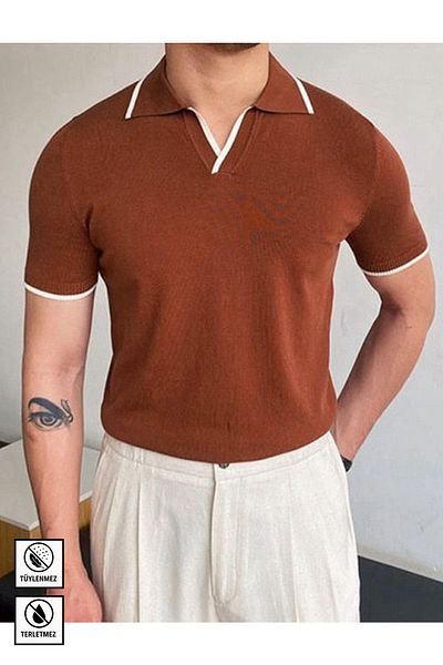 Moderk Pánské tričko Old Money Polo Neck Knitwear s bílým proužkem Detailní nepotí a nepillulující